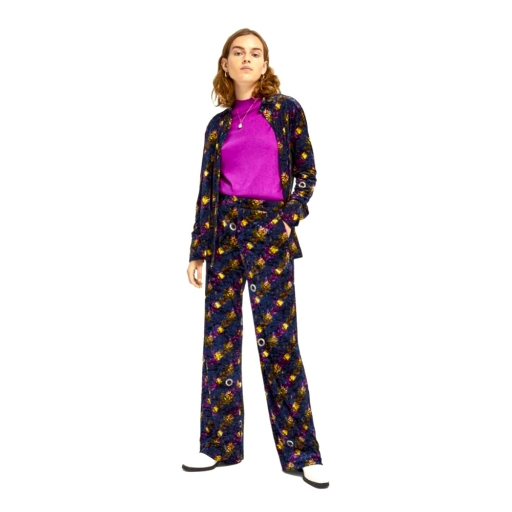 Tailored Wide-Leg Velvet Pants and Printed Velvet Button-down Shirt.
